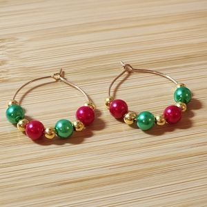 Handmade Christmas Red & Green Pearl Gold 1" Hoops Earrings